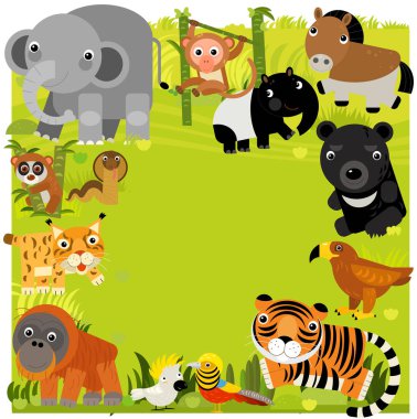 Asyalı hayvanlarla çerçeve sınır şablonlu karikatür sahnesi ve fil maymunu, kaplan, sülün, kartal, yılan ve çocuklar için metin tasviri için alanı olan doğa.
