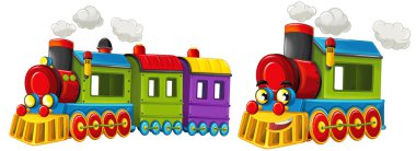 Çocuklar için beyaz arkaplanda izole edilmiş buharlı tren lokomotif taşımacılığının komik çizim seti