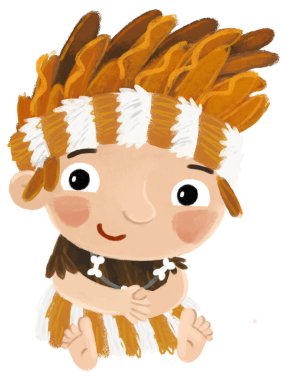 Çocuklar için resimlerle izole edilmiş mağara adamıyla karikatür sahnesi.