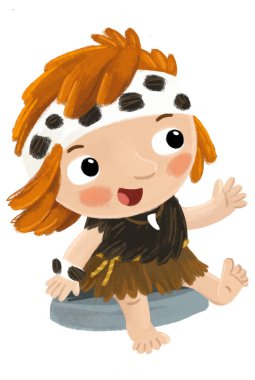 Çocuklar için resimlerle izole edilmiş mağara adamıyla karikatür sahnesi.