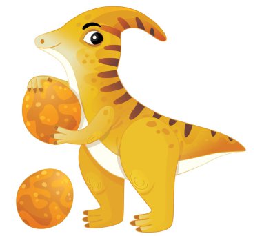 çizgi film mutlu ve komik renkli tarih öncesi dinozor serythosaurus çocuklar için izole edilmiş karring yumurtaları tutuyor.