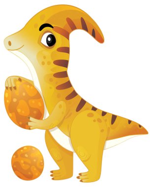 çizgi film mutlu ve komik renkli tarih öncesi dinozor serythosaurus çocuklar için izole edilmiş karring yumurtaları tutuyor.