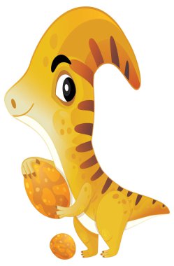 çizgi film mutlu ve komik renkli tarih öncesi dinozor serythosaurus çocuklar için izole edilmiş karring yumurtaları tutuyor.