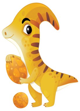 çizgi film mutlu ve komik renkli tarih öncesi dinozor serythosaurus çocuklar için izole edilmiş karring yumurtaları tutuyor.