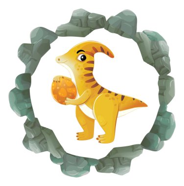 Dinozor hayvan dinosunun olduğu karikatür sahnesi çocuklar için tarih öncesi element düğmesi illüstrasyonu