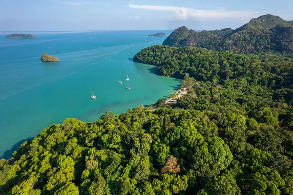Beautiful Blue Ocean Green Shoreline Mountain Background Tuba Island Malaysia Stock Photo