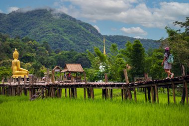 Tayland 'ın Phrae bölgesindeki Na Khuha tapınağını ziyaret eden turist kadın.