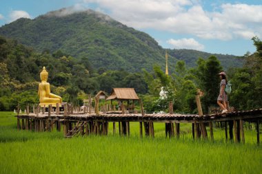 Tayland 'ın Phrae bölgesindeki Na Khuha tapınağını ziyaret eden turist kadın.