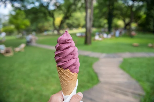 春の庭で食べるワッフルコーン上の黒桑甘いアイスクリーム — ストック写真