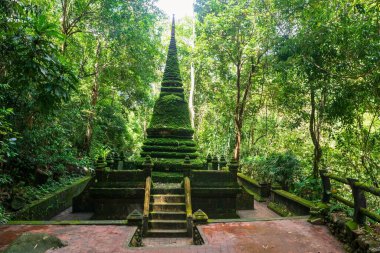 Tayland, Chanthaburi 'deki Phlio şelalesi milli parkında yosunlarla kaplanmış eski pagoda. Siyam ya da Tayland 'ın doğusunda ünlü bir seyahat yeri..