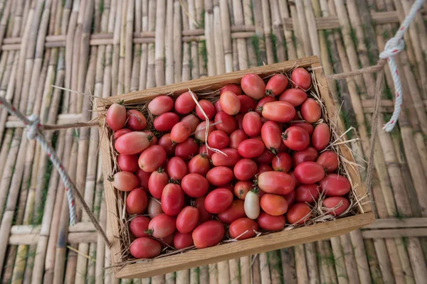 Tomates Cherry Rojos Orgánicos Colgando Una Canasta Madera Venta Vegetales —  Fotos de Stock
