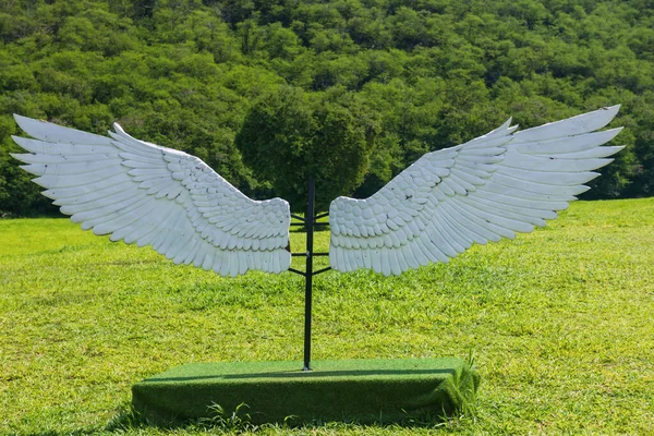 Białe Skrzydła Anioła Rozmytym Sercem Liść Drzewa Parku Wiosennym — Zdjęcie stockowe