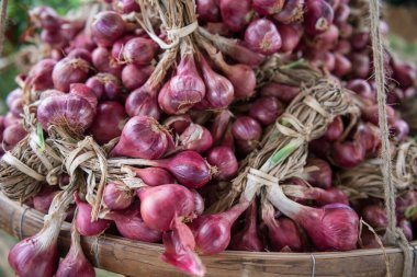 shallots or Allium ascalonicum, aka red onion, on basket for sale in market.