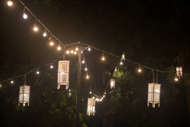 Wooden light up lamps hanging in garden at night. Exterior decoration in park.