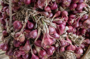 En iyi arpacık soğanı manzarası veya Allium ascalonicum, nam-ı diğer kırmızı soğan, Tayland pazarında satışta..