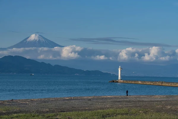 Bahía Suruga Miho Masaki Playa Negra Con Gente Pescando Faro — Foto de Stock