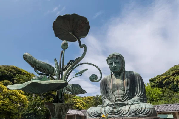 Kamakura Daibutsu Wielki Posąg Buddy Kwiat Lotosu Liść Przed Błękitnym — Zdjęcie stockowe