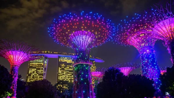 stock image Supertree Grove Rhapsody light up show in Garden by the bay with Marina Bay sands hotel at night. Famous travel destination and holiday maker landmark.