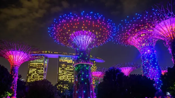 Supertree Grove Rhapsody Licht Show Garden Bay Met Marina Bay Rechtenvrije Stockafbeeldingen