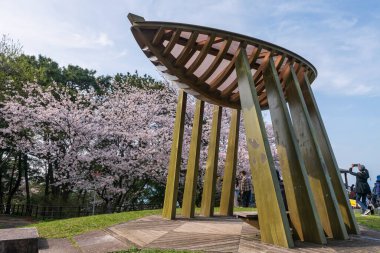 Tahta tekne heykeli kiraz ağacı ve mavi gökyüzüne karşı ilkbaharda Nishi parkında, Fukuoka, Kyushu 'da. Japonya 'daki en iyi 100 kiraz çiçeğinden biri..