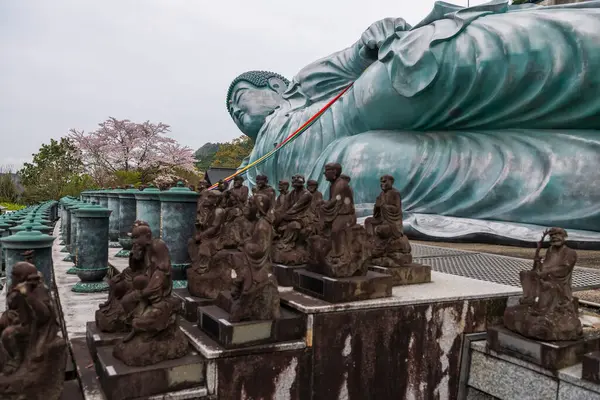 stock image Big reclining Buddha statue with blur god and cherry blossom at Nanzoin temple, Fukuoka, Japan. Famous travel destination for largest bronze statue in world at Shingon Buddhist temple in Sasaguri.