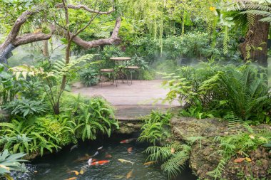 Sazan koi balığı gölette masa ve sandalyeler güzel bahçede suni sis ya da lüks kafelerde ve restoranda sis var..