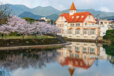 Siebold no Yu ve beyaz kiraz ağacı Japonya 'nın Saga, Kyushu kentindeki Ureshino onsen parkında nehir tarafından yansıtılır. Kaplıcalarda kaplıcalara ünlü bir seyahat yeri..