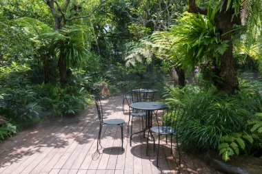 güzel bahçedeki masa ve sandalyeler ve yapay sis veya modern açık hava kafe ve restoranında sis.
