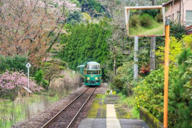 Hita, Japan - April 4, 2024: Yufuin No Mori train on railway through Bungo Nakagawa station with cherry sakura tree at spring. This train transport from Hakata Fukuoka station to Yufuin. clipart