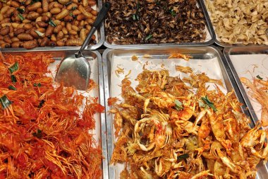 Tayland pazarında kızarmış yengeç, böcek, çekirge satışı. Tayland atıştırmalıkları sokak yemeklerinde popülerdir.