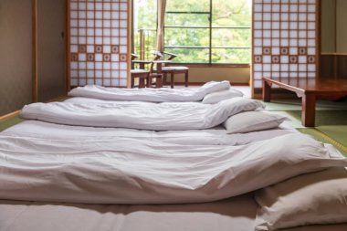 Geleneksel Japon tatami yatak odası ve balkonlu masa ve bahar bahçesi manzaralı sandalyeler Ryokan oteli, Yanagawa, Fukuoka, Japonya.