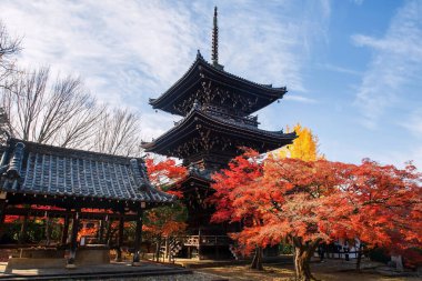 Japonya, Kyoto 'daki Shinnyodo Tapınağı' nda renkli akçaağaç yapraklı güzel pagoda mimarisi ve sonbahar bahçesi. Sonbahar mevsiminde Kansai 'yi gezmek için ünlü bir tatil beldesi..