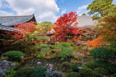 Eikando mimarisi ya da Eikan-do Zenrinji tapınağı sonbaharda ufuk çizgisi yansıması ile Coloful yeşillik bahçesi, Kyoto, Japonya. Sonbahar mevsiminde Kansai 'yi gezmek için ünlü bir tatil beldesi..