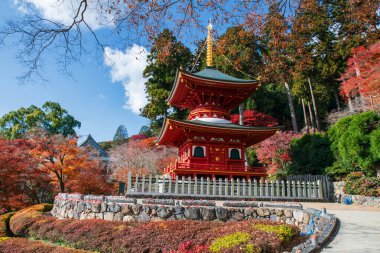Sonbahar bahçesinde mavi gökyüzü Minoh, Osaka, Japonya 'ya karşı akçaağaç yaprağı renginde güzel Katsuo-ji tapınağı pagodası. Sonbaharda Kansai 'yi görmek için seyahat yeri. Zafer tapınağı