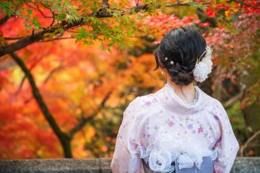 Geleneksel kimonolu Japon kadın Japonya, Kyoto 'daki Kiyomizudera tapınağında güzel bir sonbahar akçaağaç yaprağı rengi görüyor. Özellikle sonbahar mevsiminde Kansai 'de ünlü bir seyahat yeri..