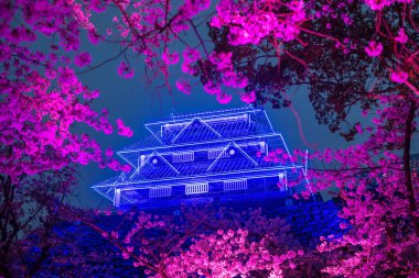 Pembe ışıklı Sakura ya da kiraz çiçeği ve Fukuoka Kalesi Japonya 'nın Fukuoka şehrindeki Maizuru parkındaki mavi illüzyonları mahvediyor. Bahar mevsiminde gece vakti Aydınlatma Bahçesini görmek için ünlü bir seyahat yeri.