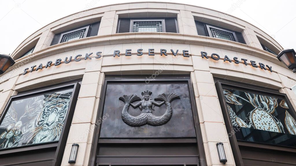Starbucks Reserve Roastery mermaid logo at Nanjing Road West. Famous travel destination and here is the second largest branch in the world.