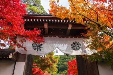 Eikando ya da Eikan-do Zenrinji Tapınağı giriş kapısı Sonbaharda renkli akçaağaç yapraklarıyla, Kyoto, Japonya. Sonbahar mevsiminde Kansai 'yi gezmek için ünlü bir tatil beldesi..