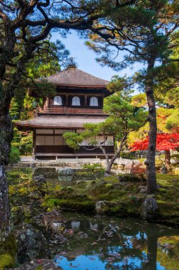 Ginkakuji Tapınağı 'nın gümüş köşkünde sonbaharda Japonya' nın Kyoto şehrindeki gölette gökyüzü yansıması. Sonbahar mevsiminde Kansai 'yi gezmek için ünlü bir gezi yeri..
