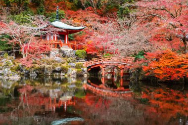 Daigo-ji 'deki Pavilion pagoda ve köprü ya da Diagoji tapınağı renkli bir sonbahar ve Japonya' daki Kyoto nehrinin yansıması. Aralık 'ta Kansai' de turist turizminin son durağı.