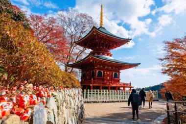 İnsanlar Katsuo-ji tapınağının renkli sonbahar akçaağaç yaprağı, Minoh, Osaka, Japonya 'yı ziyaret etmek için yürüyüş rotasındalar. Sonbaharda Kansai 'yi görmek için seyahat yeri. Zafer tapınağı