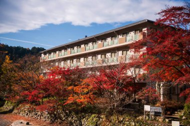 Japonya, Kyoto, Sakyo Ward 'da sonbaharda güzel kırmızı yapraklı bir otel. Sonbahar mevsiminde Kansai 'de tatilci ve seyahat yeri.
