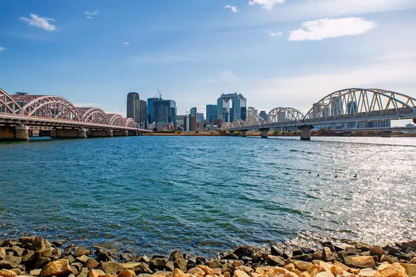 Yodogawa Nehri 'nden Umeda Gökyüzü Kulesi' ne kadar uzanan iki köprüden oluşan Umeda Bölgesi şehri, Osaka, Japonya. Meşhur seyahat yeri.