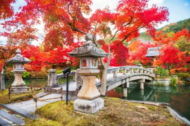 Hojo göleti boyunca fener üstüne fener, Eikan-do Zenrinji türbesine sonbahar akçaağaç yaprağı renkleriyle birlikte, Kyoto, Japonya. Sonbaharda Kansai 'yi gezmek için turistik bir yer..
