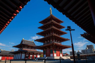 Shitennoji Tapınağı 'nın 5 katlı Pagoda manzarası sonbaharda Osaka, Japonya' da mavi gökyüzüne karşı. Sonbahar mevsiminde Kansai 'yi gezmek için ünlü bir tatil beldesi..