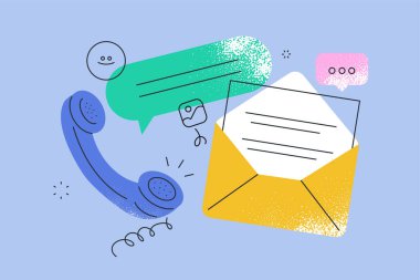 Bizimle iletişime geçmenin vektör çizimi, iletişim, destek, müşteri ilişkileri yönetimi. Web afişi, sosyal medya afişi, iş sunumu, pazarlama materyali için yaratıcı konsept, 