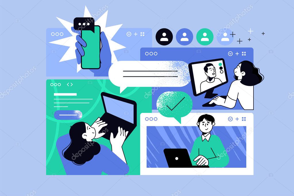Vector illustration of online communication, video call. Creative concept for web banner, social media banner, business presentation, marketing material.