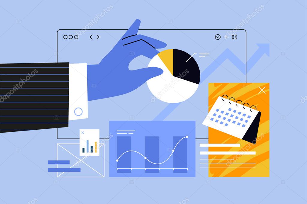 Vector illustration of business analytics, report, planning. Creative concept for web banner, social media banner, business presentation, marketing material.