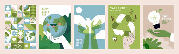 Earth day poster set. Vector illustrations for graphic and web design, business presentation, marketing and print material.