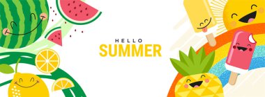 Merhaba Summer. Web afişi şablon tasarımı. Web sitesi tasarımı, arkaplan, sosyal medya afişi, seyahat ve tatil reklamları, satış tanıtımı, poster, pazarlama malzemesi, yaz kartı, parti davetiyesi.